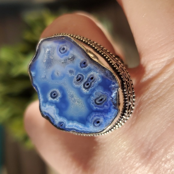 New Blue Solar Quartz Agate Druzy 925 Silver Statement Ring. - Picture 12 of 16